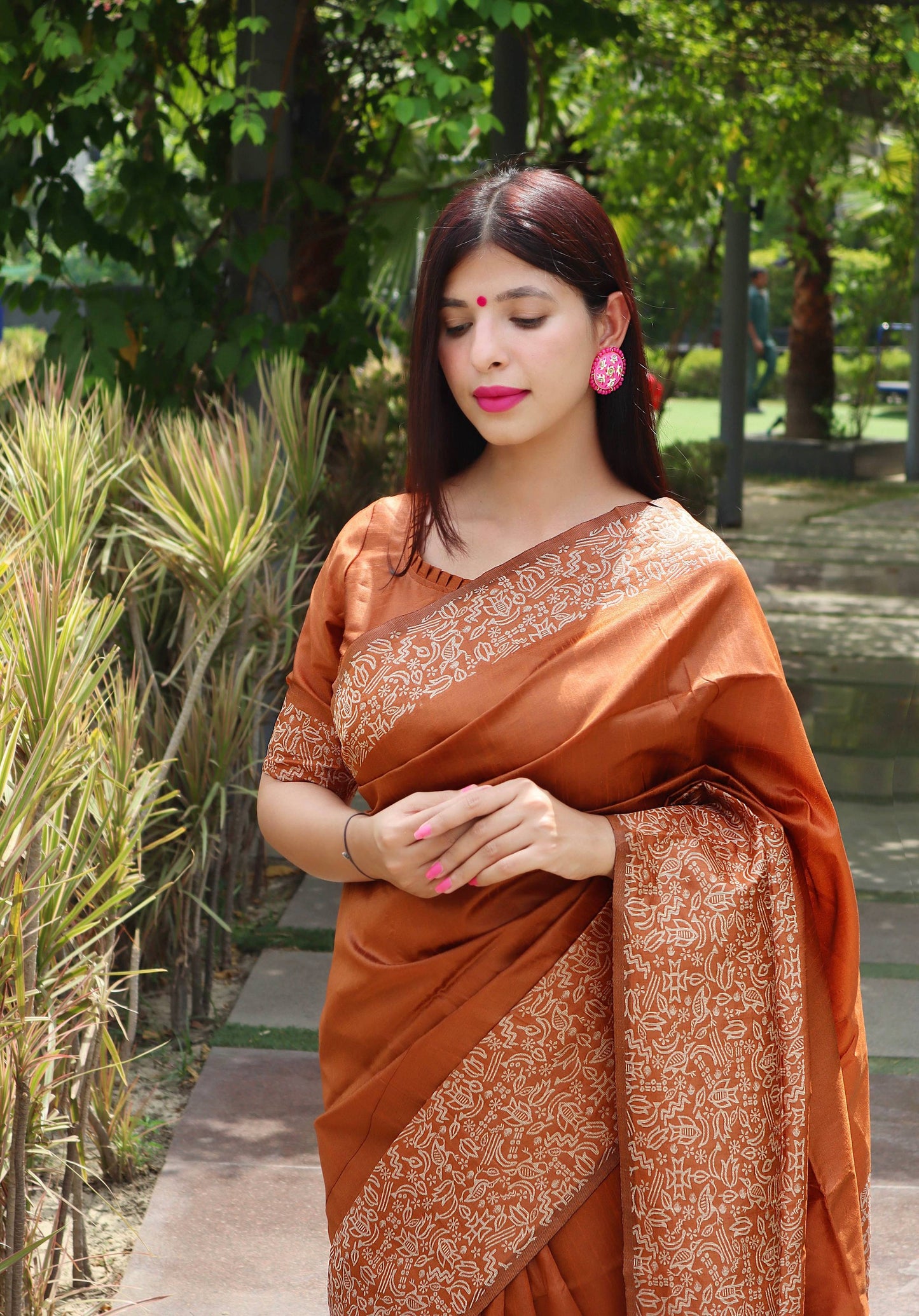 Jyoti Fashion Women's Orange Handloom Raw Silk Printed Border Traditional Saree with Blouse