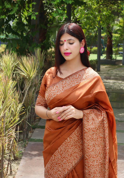 Jyoti Fashion Women's Orange Handloom Raw Silk Printed Border Traditional Saree with Blouse