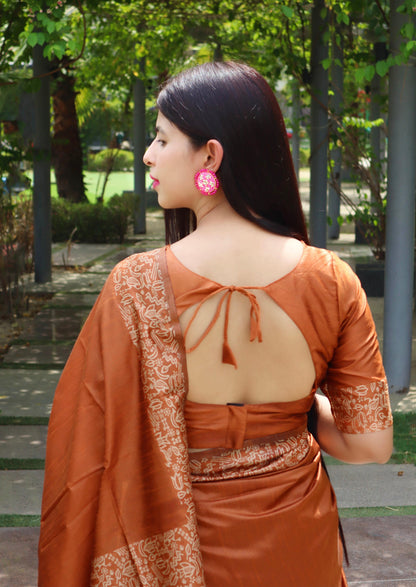 Jyoti Fashion Women's Orange Handloom Raw Silk Printed Border Traditional Saree with Blouse