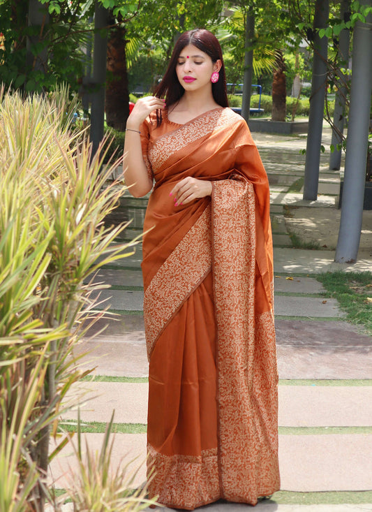 Jyoti Fashion Women's Orange Handloom Raw Silk Printed Border Traditional Saree with Blouse