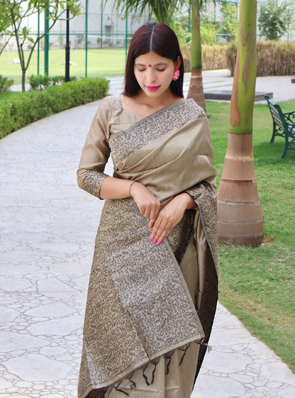 Jyoti Fashion Women's Cream Handloom Raw Silk Printed Border Traditional Saree with Blouse