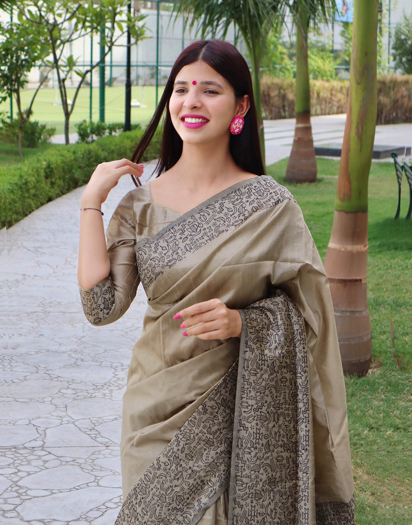 Jyoti Fashion Women's Cream Handloom Raw Silk Printed Border Traditional Saree with Blouse