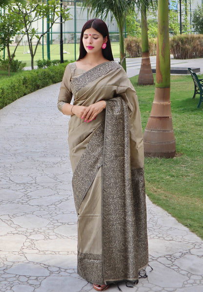 Jyoti Fashion Women's Cream Handloom Raw Silk Printed Border Traditional Saree with Blouse