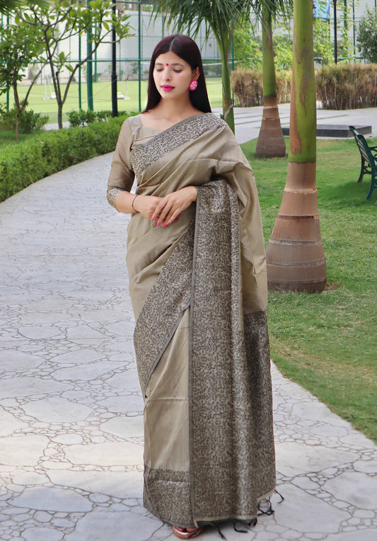 Jyoti Fashion Women's Cream Handloom Raw Silk Printed Border Traditional Saree with Blouse