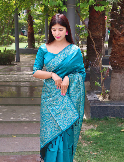Jyoti Fashion Women's Firozi Handloom Raw Silk Printed Border Traditional Saree with Blouse
