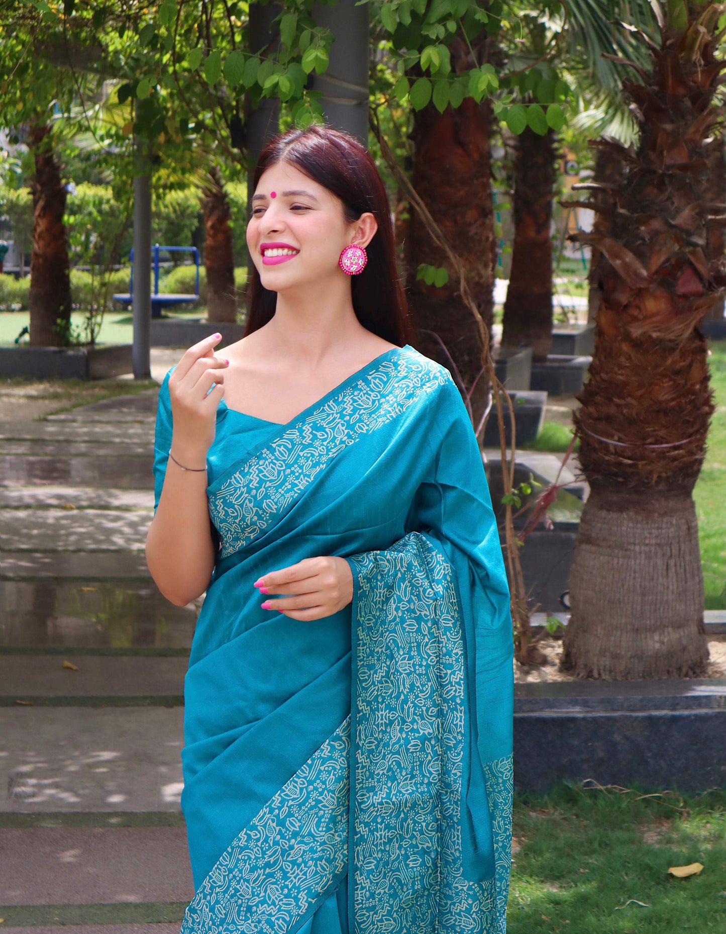 Jyoti Fashion Women's Firozi Handloom Raw Silk Printed Border Traditional Saree with Blouse