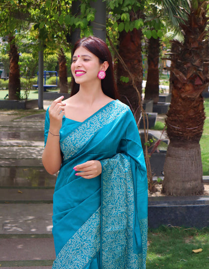 Jyoti Fashion Women's Firozi Handloom Raw Silk Printed Border Traditional Saree with Blouse