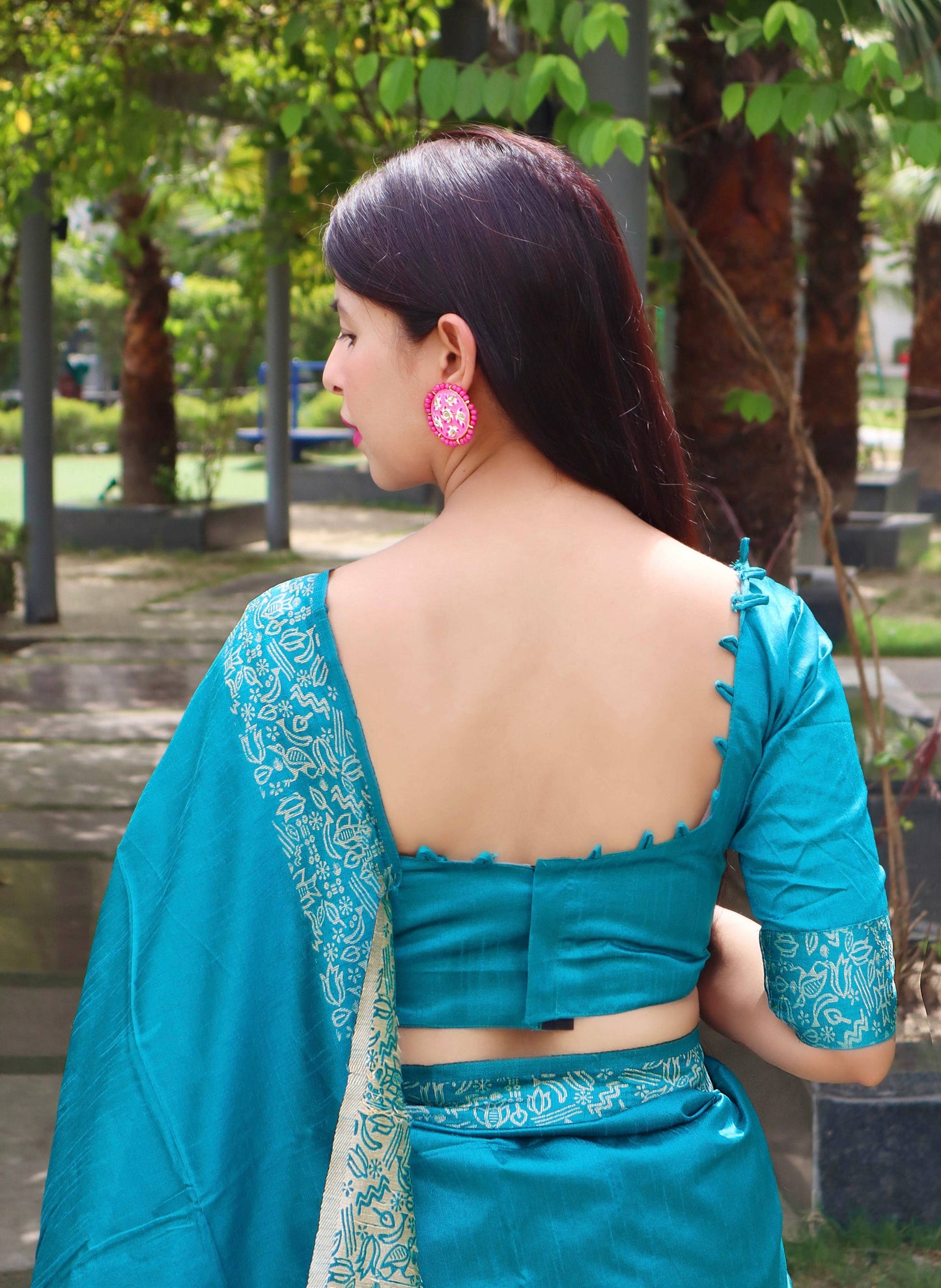 Jyoti Fashion Women's Firozi Handloom Raw Silk Printed Border Traditional Saree with Blouse