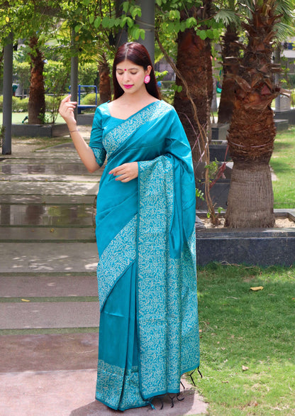 Jyoti Fashion Women's Firozi Handloom Raw Silk Printed Border Traditional Saree with Blouse