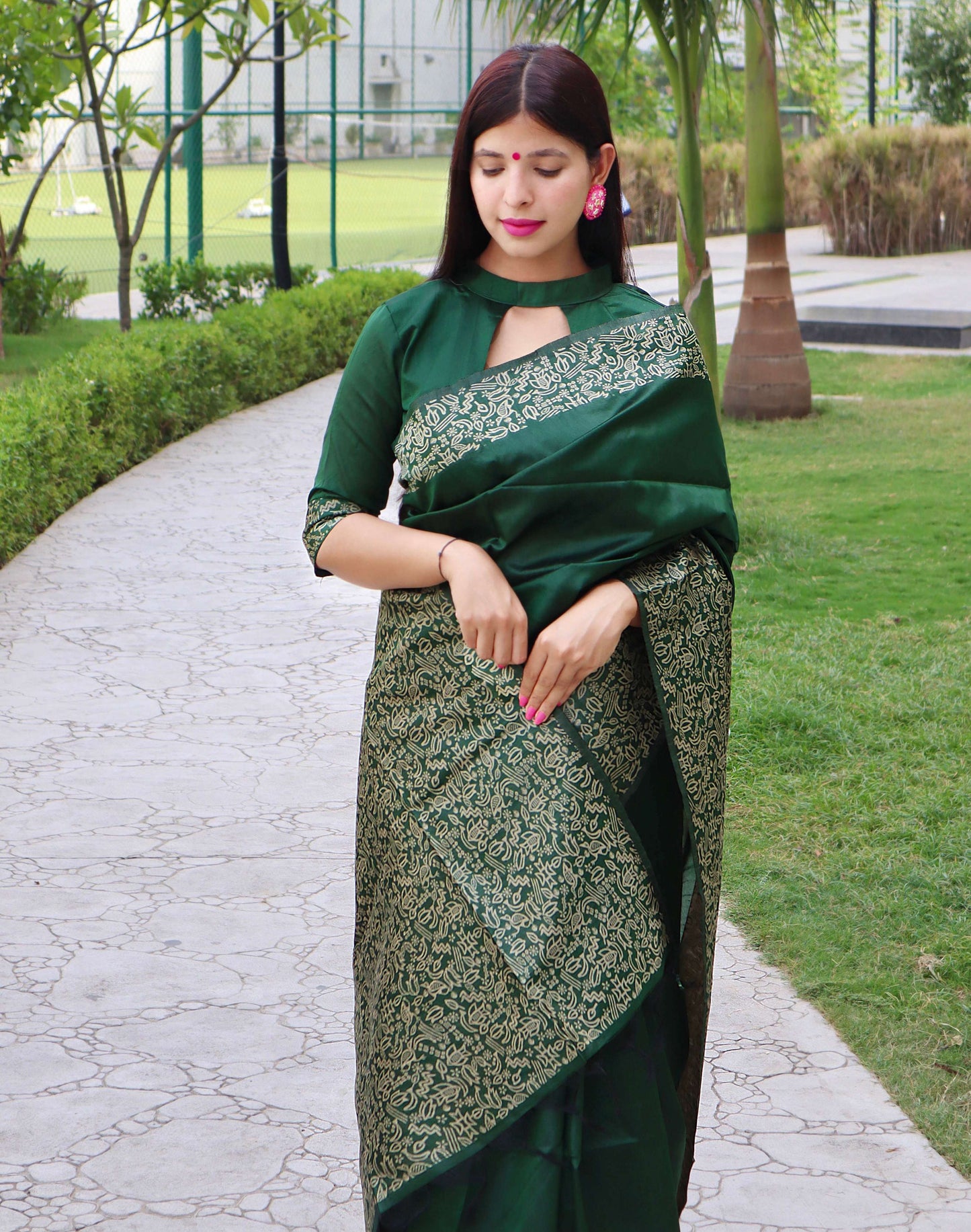 Jyoti Fashion Women's Green Handloom Raw Silk Printed Border Traditional Saree with Blouse