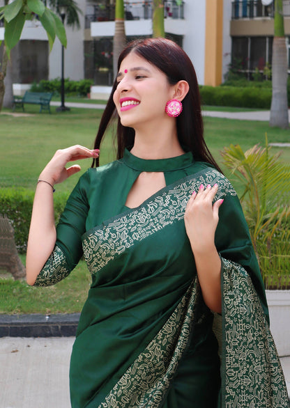 Jyoti Fashion Women's Green Handloom Raw Silk Printed Border Traditional Saree with Blouse