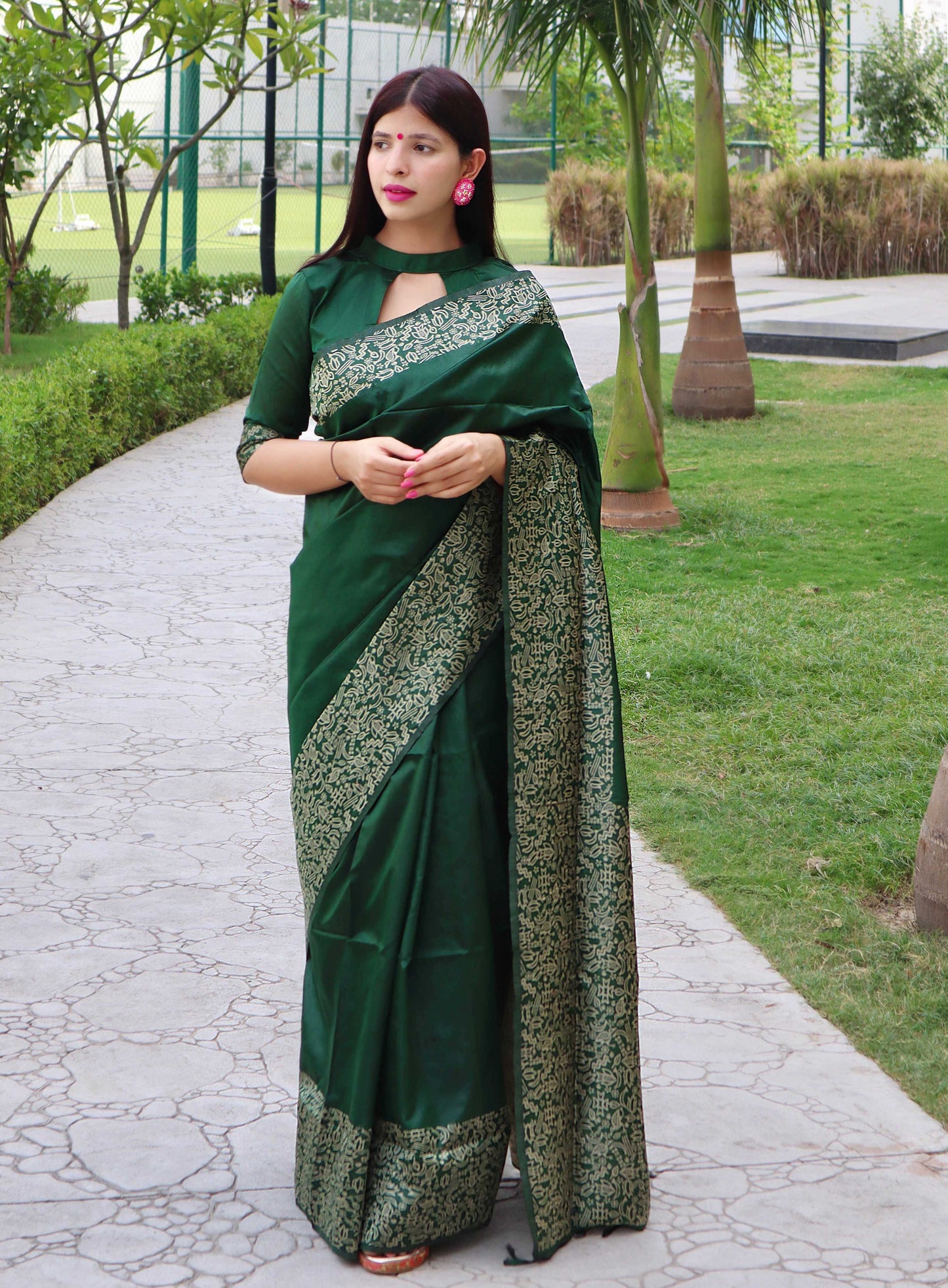 Jyoti Fashion Women's Green Handloom Raw Silk Printed Border Traditional Saree with Blouse