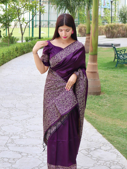 Jyoti Fashion Women's Purple Handloom Raw Silk Printed Border Traditional Saree with Blouse
