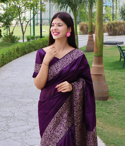 Jyoti Fashion Women's Purple Handloom Raw Silk Printed Border Traditional Saree with Blouse