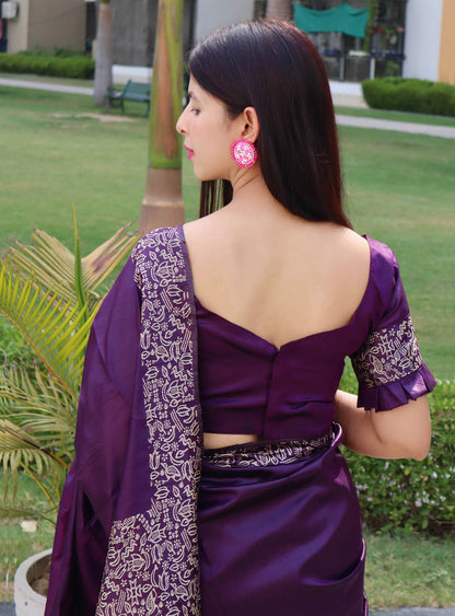 Jyoti Fashion Women's Purple Handloom Raw Silk Printed Border Traditional Saree with Blouse