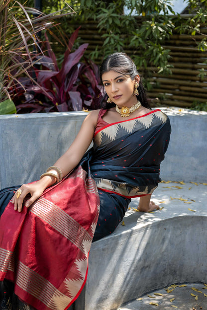 Jyoti Fashion Women's Black Tussar Silk Temple Border with Zari Lining Traditional Saree with Blouse
