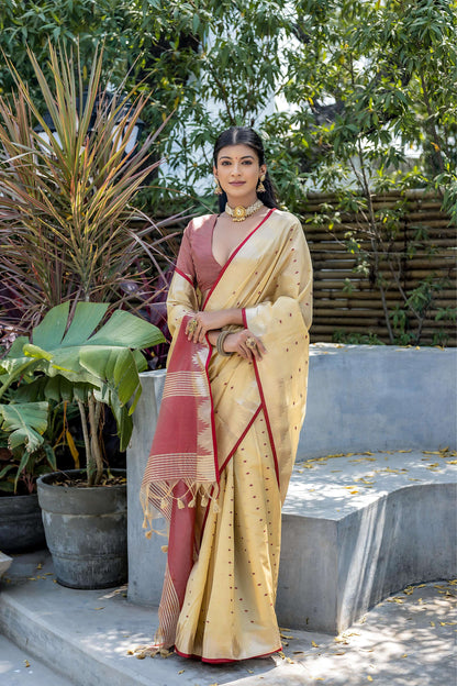 Jyoti Fashion Women's Cream Tussar Silk Temple Border with Zari Lining Traditional Saree with Blouse