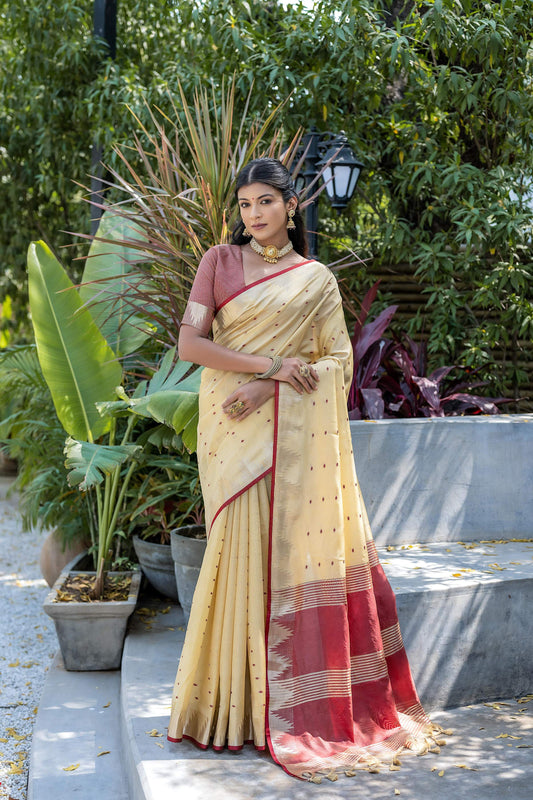 Jyoti Fashion Women's Cream Tussar Silk Temple Border with Zari Lining Traditional Saree with Blouse