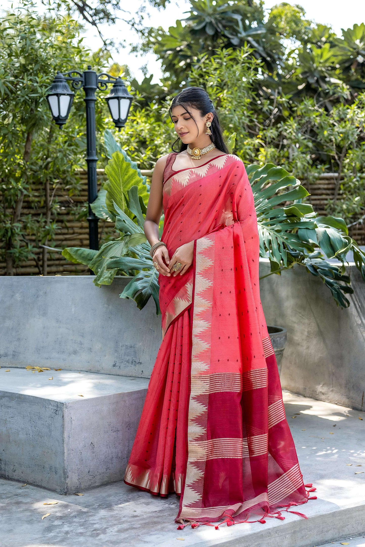 Jyoti Fashion Women's Coral Tussar Silk Temple Border with Zari Lining Traditional Saree with Blouse