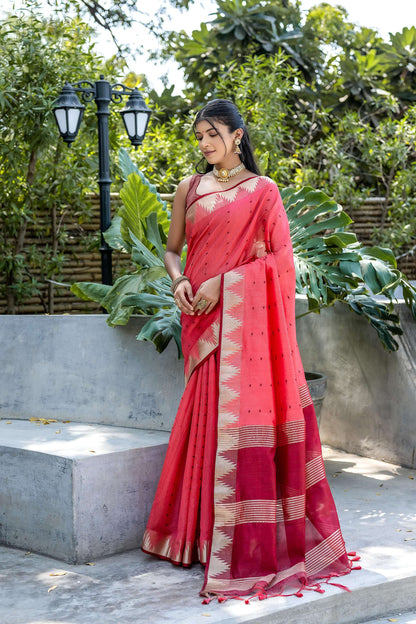 Jyoti Fashion Women's Coral Tussar Silk Temple Border with Zari Lining Traditional Saree with Blouse
