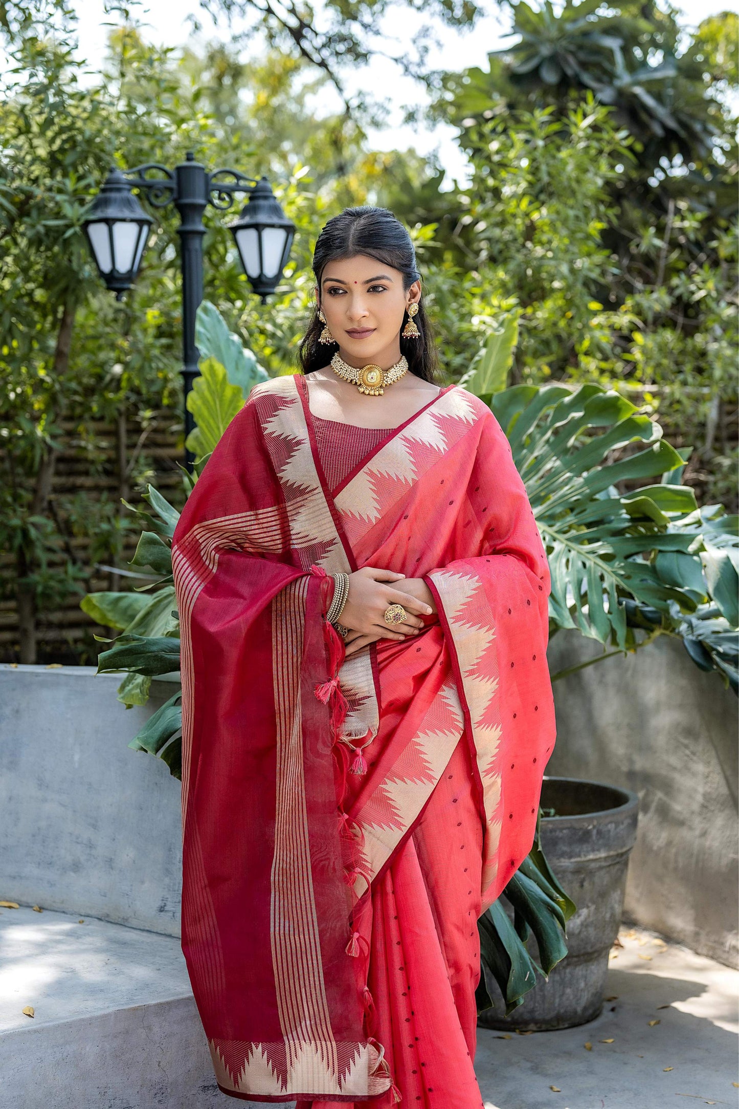 Jyoti Fashion Women's Coral Tussar Silk Temple Border with Zari Lining Traditional Saree with Blouse