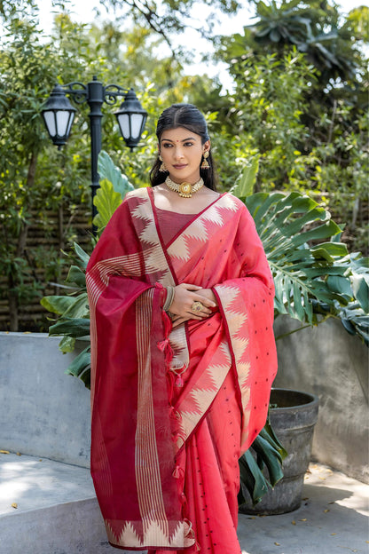 Jyoti Fashion Women's Coral Tussar Silk Temple Border with Zari Lining Traditional Saree with Blouse