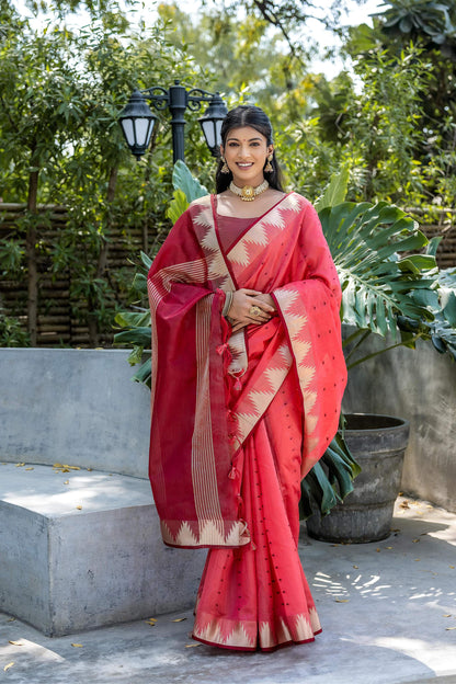 Jyoti Fashion Women's Coral Tussar Silk Temple Border with Zari Lining Traditional Saree with Blouse