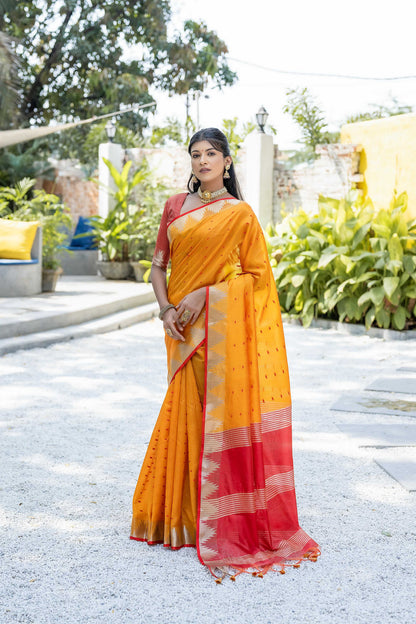 Jyoti Fashion Women's Mustard Tussar Silk Temple Border with Zari Lining Traditional Saree with Blouse