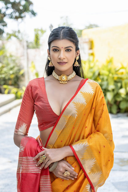 Jyoti Fashion Women's Mustard Tussar Silk Temple Border with Zari Lining Traditional Saree with Blouse