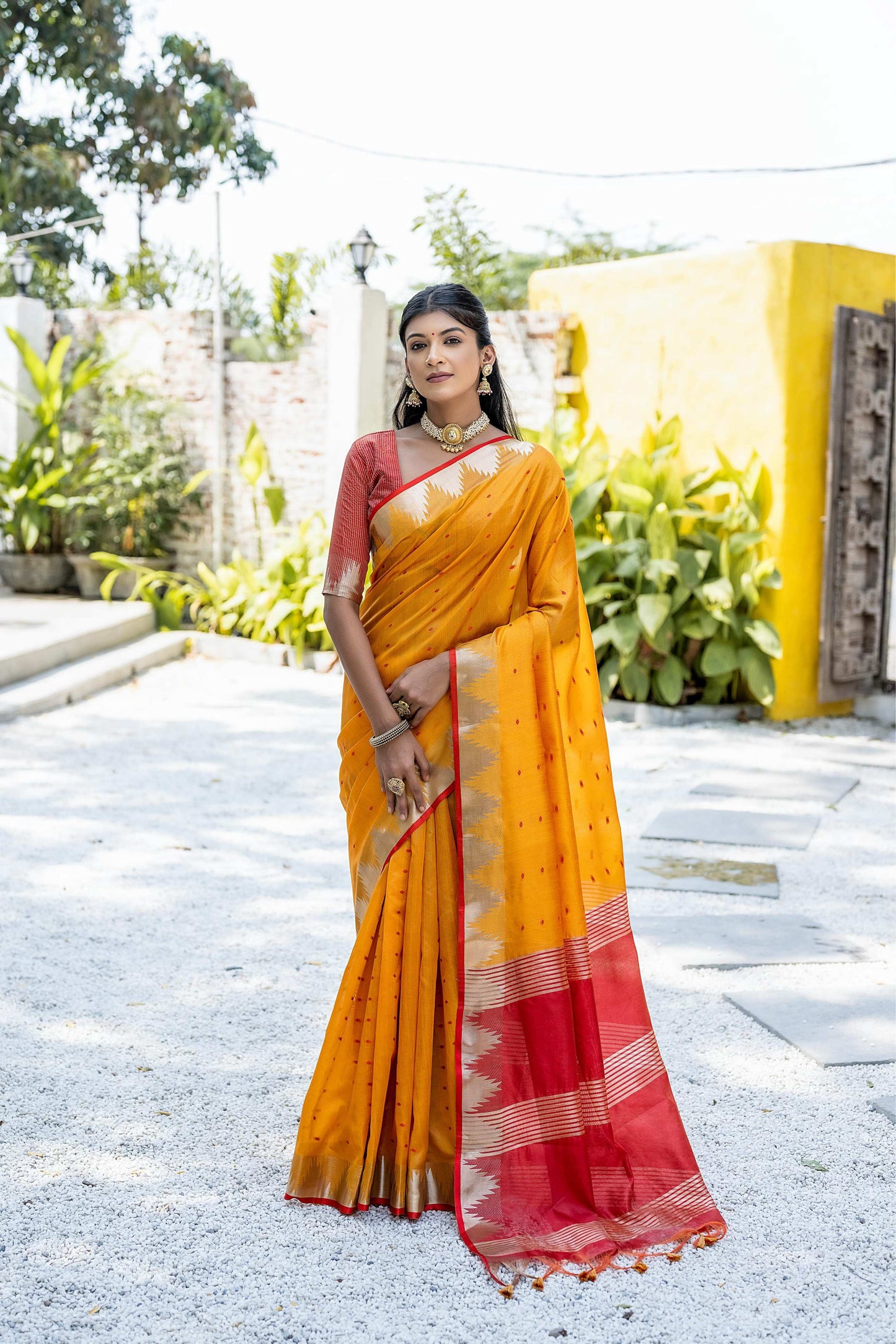 Jyoti Fashion Women's Mustard Tussar Silk Temple Border with Zari Lining Traditional Saree with Blouse