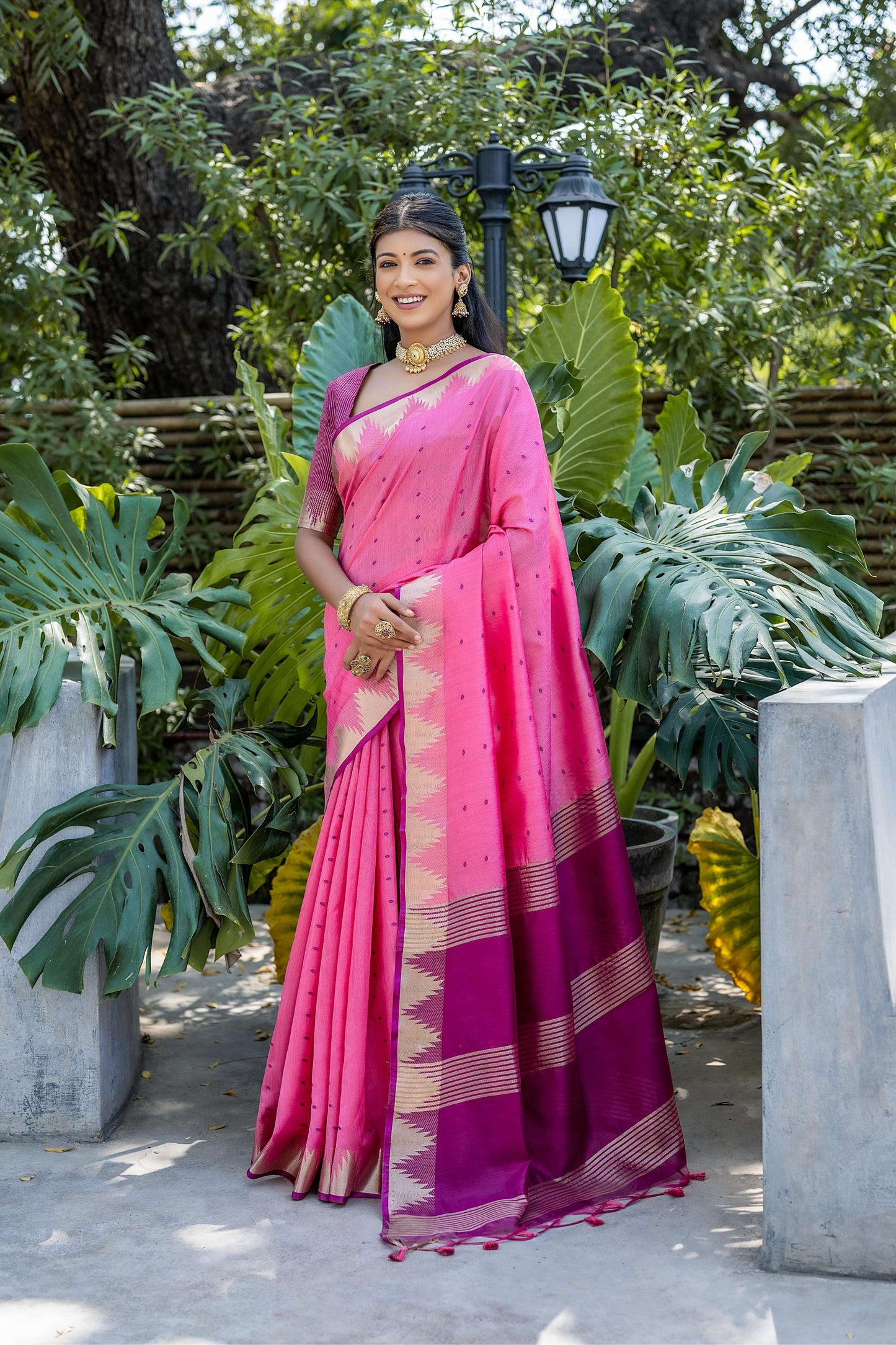 Jyoti Fashion Women's Pink Tussar Silk Temple Border with Zari Lining Traditional Saree with Blouse