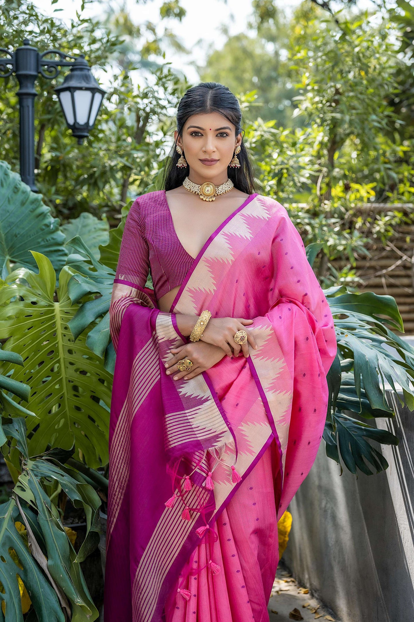 Jyoti Fashion Women's Pink Tussar Silk Temple Border with Zari Lining Traditional Saree with Blouse