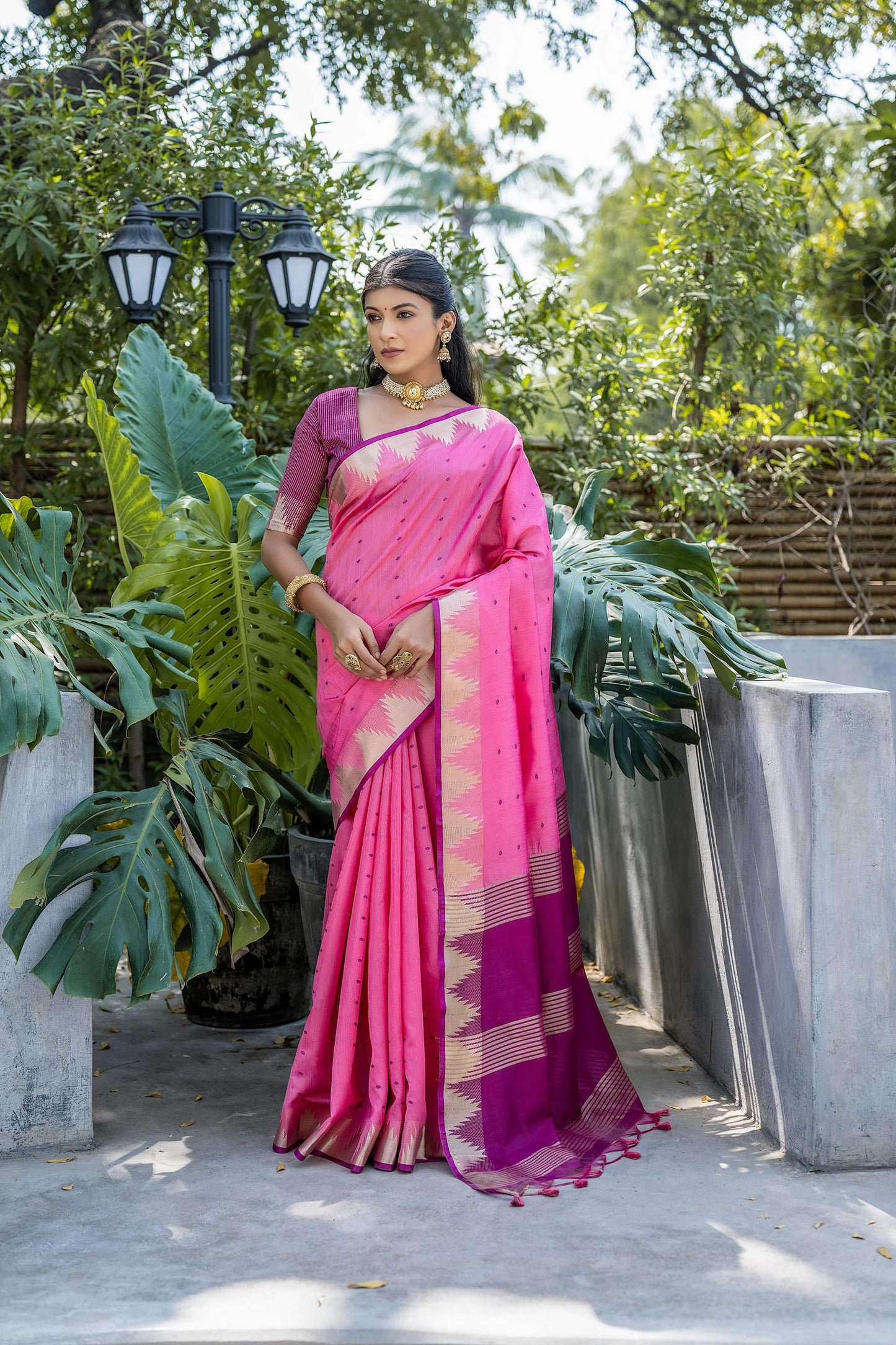Jyoti Fashion Women's Pink Tussar Silk Temple Border with Zari Lining Traditional Saree with Blouse