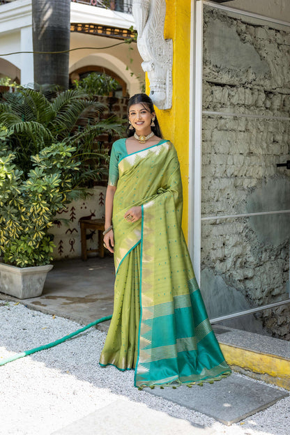 Jyoti Fashion Women's Green Tussar Silk Temple Border with Zari Lining Traditional Saree with Blouse
