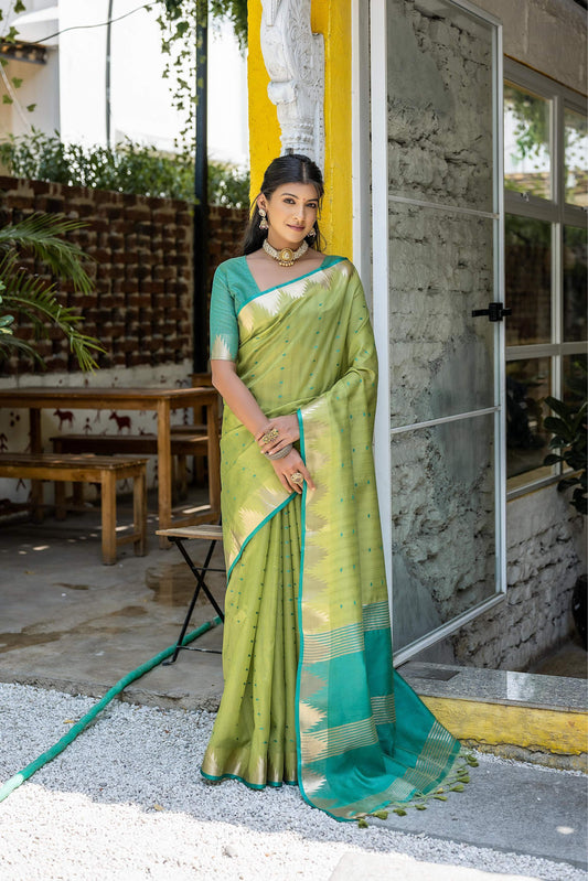Jyoti Fashion Women's Green Tussar Silk Temple Border with Zari Lining Traditional Saree with Blouse