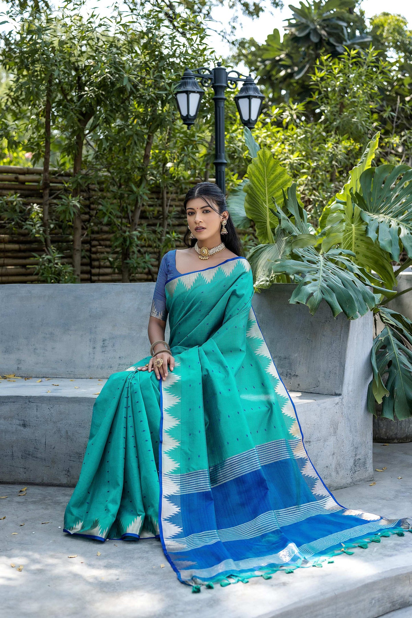 Jyoti Fashion Women's Rama Tussar Silk Temple Border with Zari Lining Traditional Saree with Blouse