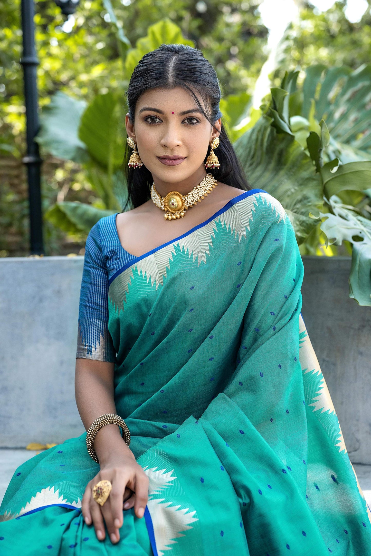 Jyoti Fashion Women's Rama Tussar Silk Temple Border with Zari Lining Traditional Saree with Blouse