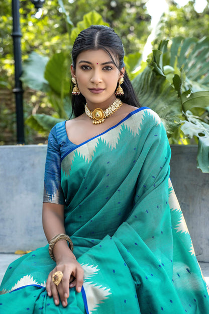 Jyoti Fashion Women's Rama Tussar Silk Temple Border with Zari Lining Traditional Saree with Blouse