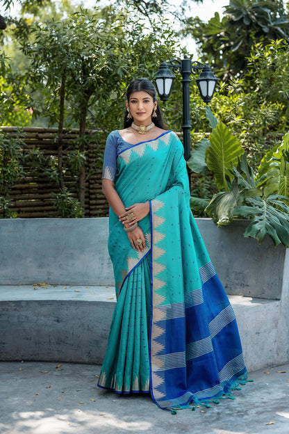 Jyoti Fashion Women's Rama Tussar Silk Temple Border with Zari Lining Traditional Saree with Blouse