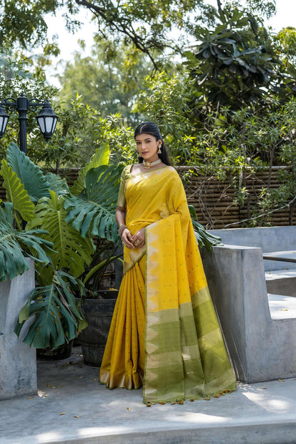 Jyoti Fashion Women's Yellow Tussar Silk Temple Border with Zari Lining Traditional Saree with Blouse