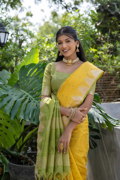 Jyoti Fashion Women's Yellow Tussar Silk Temple Border with Zari Lining Traditional Saree with Blouse