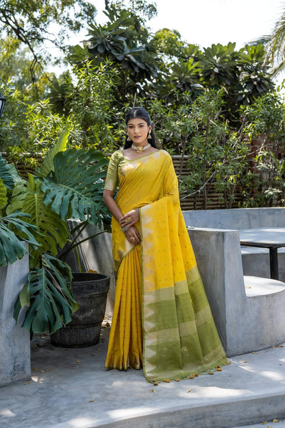 Jyoti Fashion Women's Yellow Tussar Silk Temple Border with Zari Lining Traditional Saree with Blouse