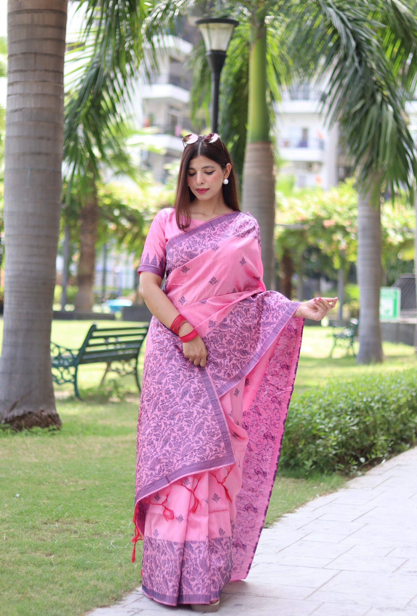 Jyoti Fashion Women's Baby Pink Handloom Raw Silk Weaving Pallu Traditional Saree with Blouse