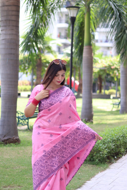 Jyoti Fashion Women's Baby Pink Handloom Raw Silk Weaving Pallu Traditional Saree with Blouse