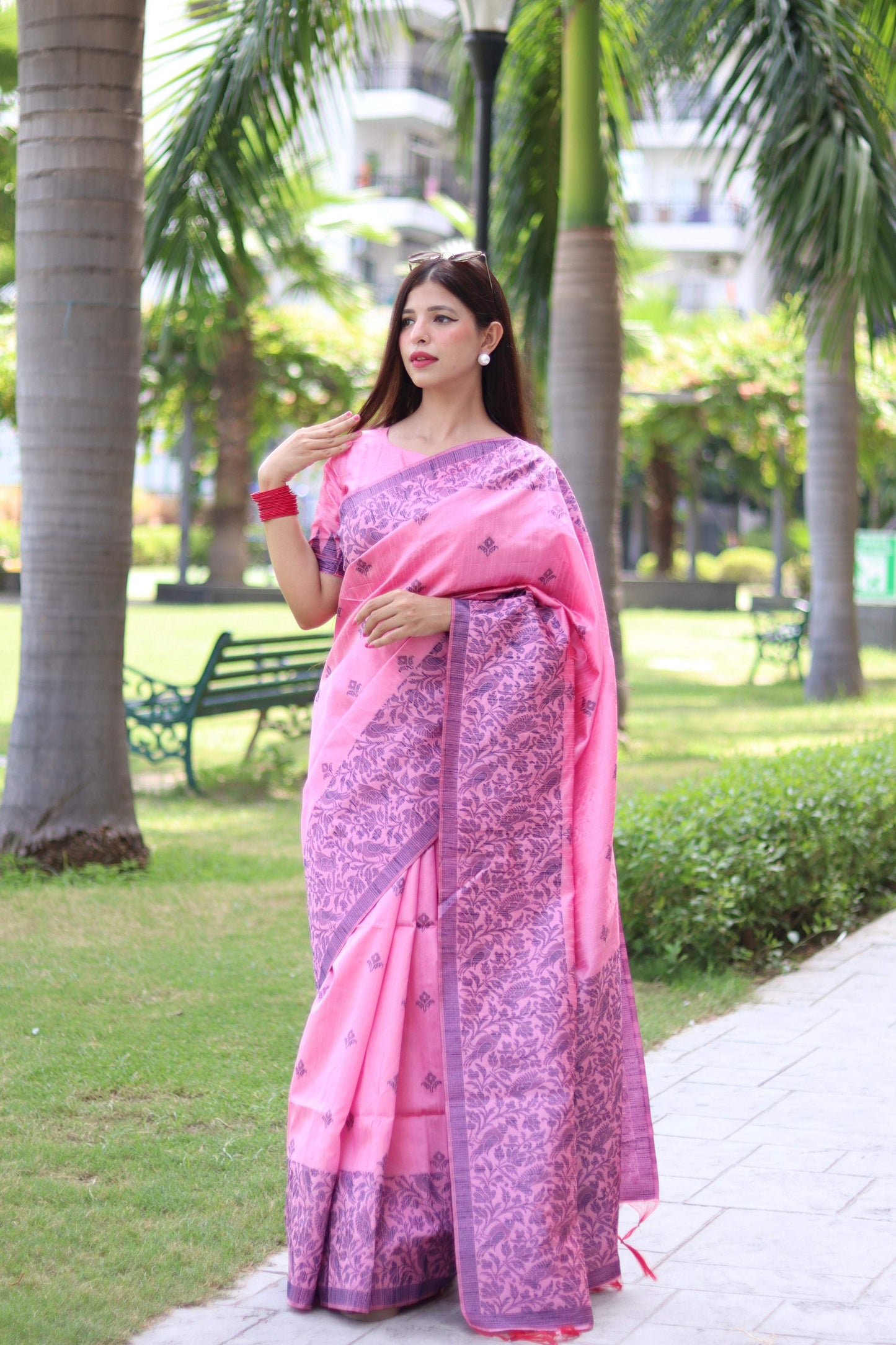 Jyoti Fashion Women's Baby Pink Handloom Raw Silk Weaving Pallu Traditional Saree with Blouse