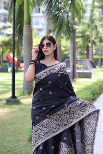 Jyoti Fashion Women's Black Handloom Raw Silk Weaving Pallu Traditional Saree with Blouse