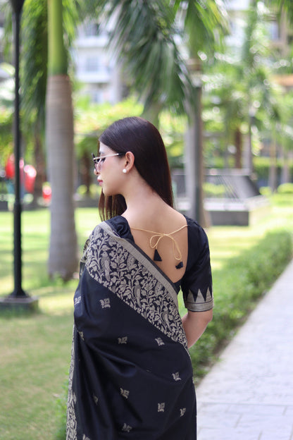 Jyoti Fashion Women's Black Handloom Raw Silk Weaving Pallu Traditional Saree with Blouse