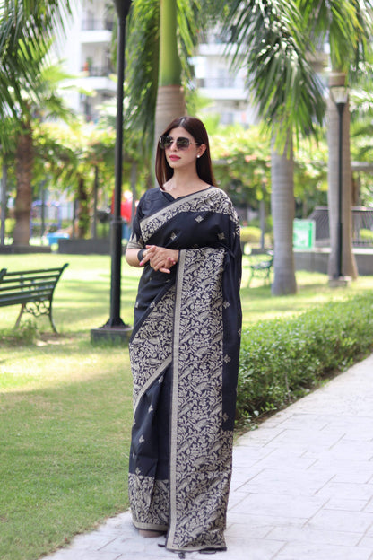 Jyoti Fashion Women's Black Handloom Raw Silk Weaving Pallu Traditional Saree with Blouse