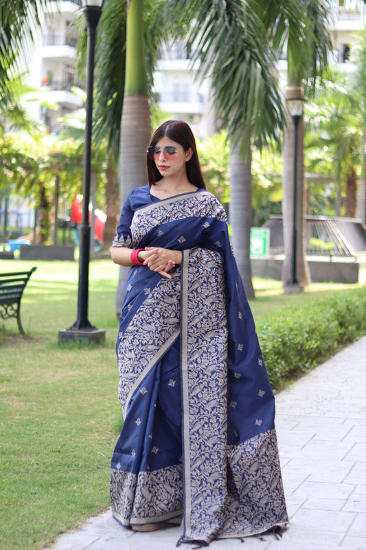 Jyoti Fashion Women's Navy Blue Handloom Raw Silk Weaving Pallu Traditional Saree with Blouse