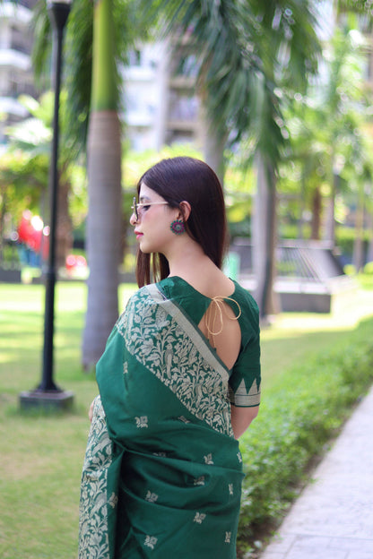 Jyoti Fashion Women's Green Handloom Raw Silk Weaving Pallu Traditional Saree with Blouse
